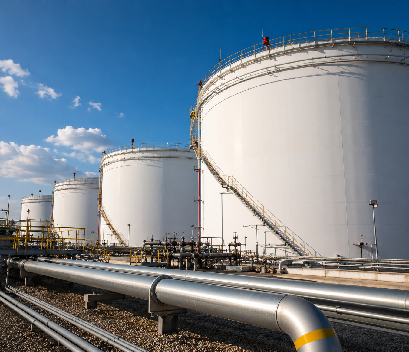Oil storage tanks at sunny day refinery